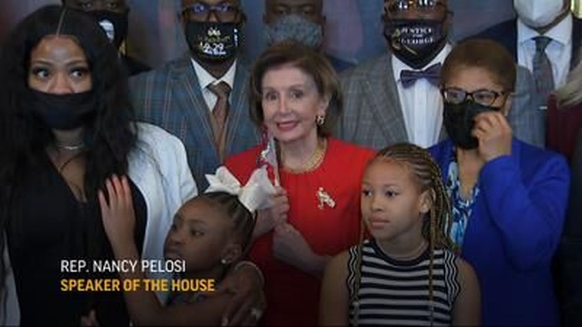 Gianna Floyd, the daughter of George Floyd, looks on as House Speaker Nancy  Pelosi, D-CA, speaks alongside members of the Floyd family, prior to a  meeting to mark the anniversary of the