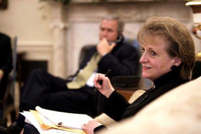 
President Bush and Harriet Miers discuss Supreme Court nominations in July.
 (Associated Press / The Spokesman-Review)