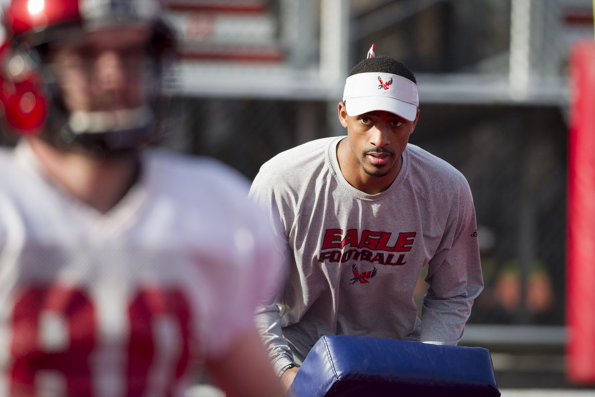 New EWU wide receivers coach Nick Edwards keeps a close eye on his players during a recent drill. (Colin Mulvany)