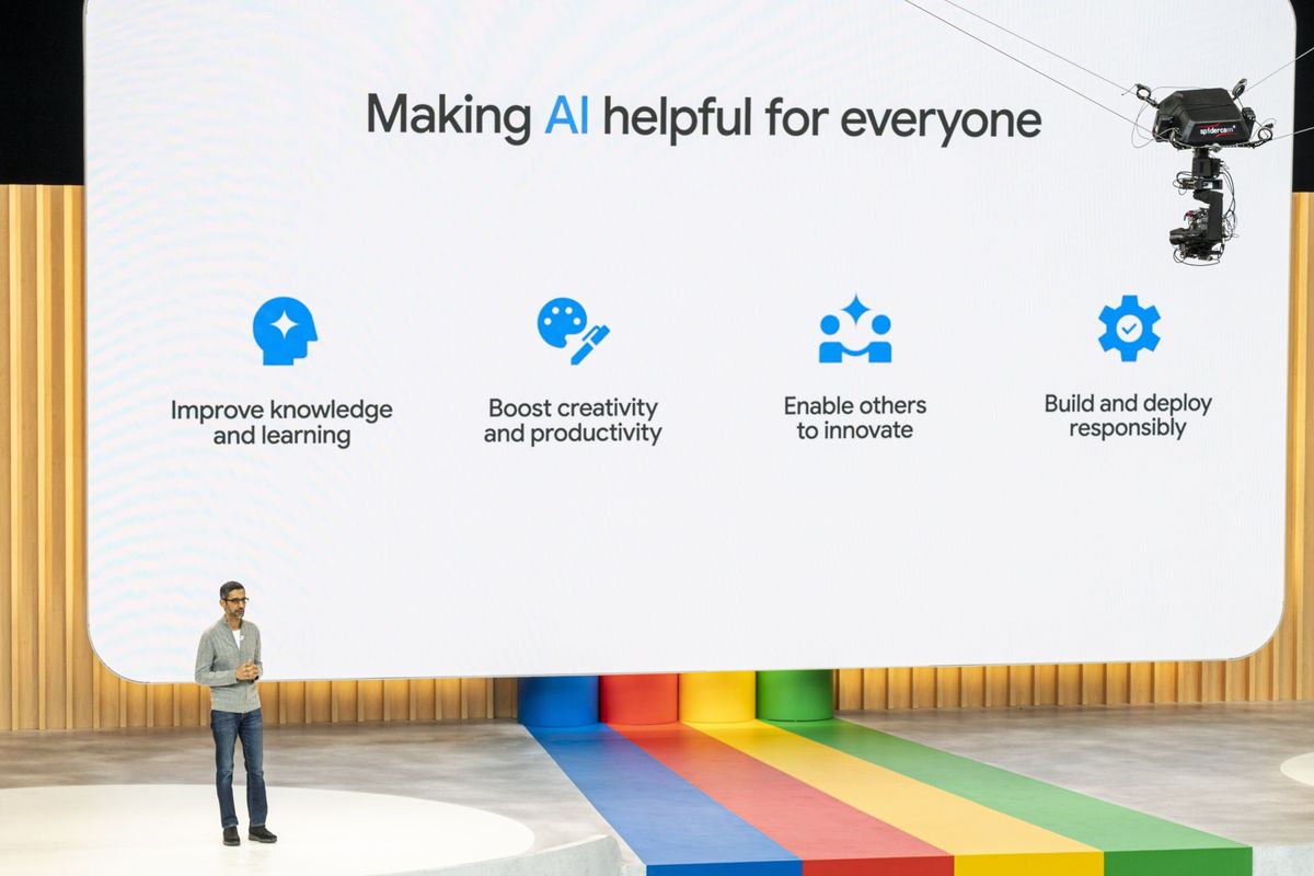 Sundar Pichai, chief executive officer of Alphabet, is shown during the Google I/O Developers Conference in Mountain View, Calif., on May 10.  (David Paul Morris/Bloomberg)