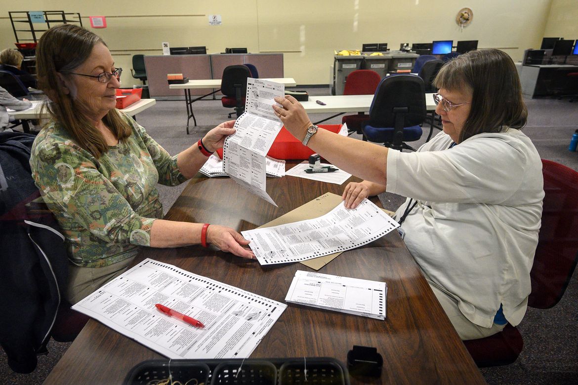 The Legislature is considering a bill to make it a felony to harass an elections worker. Here, election workers Linda Prussack, left, and Susan Chaney fill out a duplicate ballot and double check that it is correct on Nov. 14, 2019, at the Spokane County Elections office. (COLIN MULVANY) 