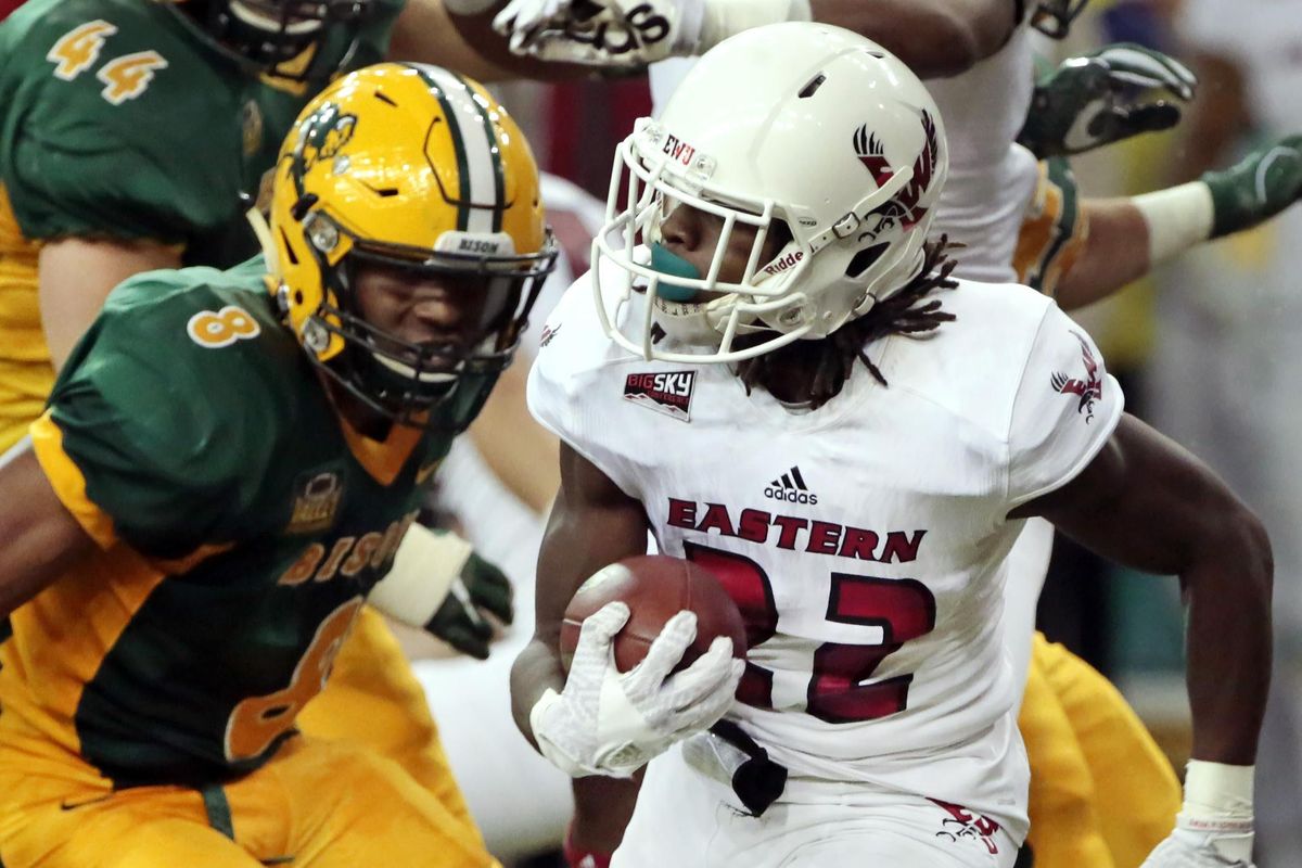 EWU’s Nsimba Webster eluded North Dakota State defenders earlier this season. (Dave Wallis / Forum Communications Co.)