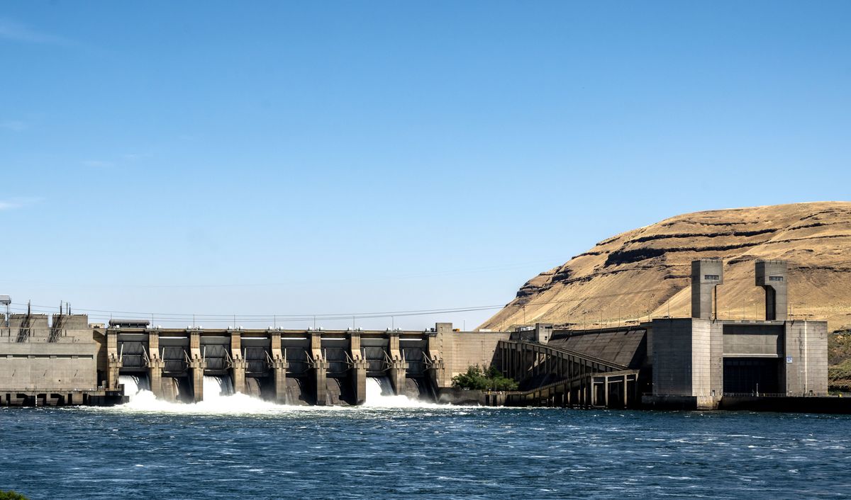 Lower Monumental Dam, near Kahlotus, Washington, seen Friday, July 18, 2025, is 3,791 long and about 100 feet high. Its creation created a reservoir called Lake West. The dam was completed in 1969 and began producing power in May of that year. (COLIN MULVANY /THE SPOKESMAN-REVIEW)