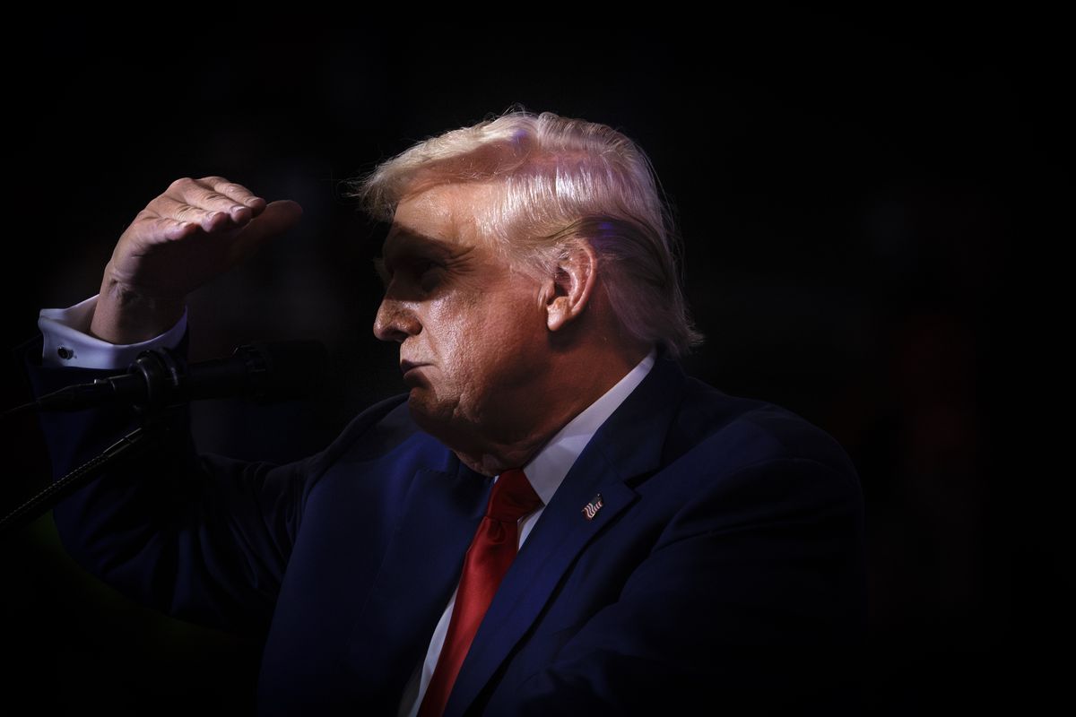 Former president Donald Trump looks out during a campaign event in Wilkes-Barre, Pa., on Saturday.  (Tom Brenner/For the Washington Post)