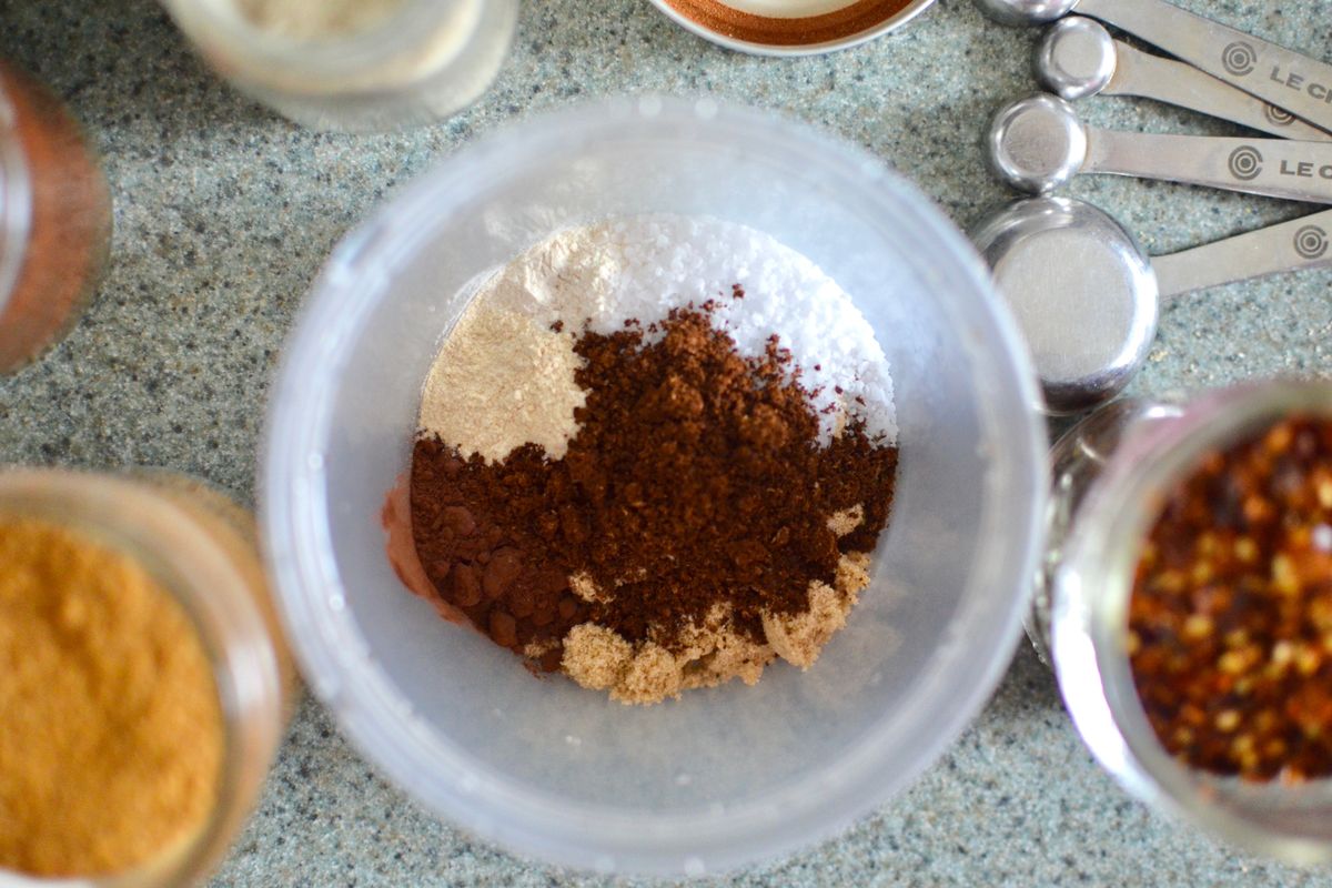 Ingredients for the coffee chili rub include brown sugar, kosher salt, coffee grounds, chili powder, freshly ground black pepper, chili flakes, cocoa powder and more.  (Ricky Webster/For The Spokesman-Review)