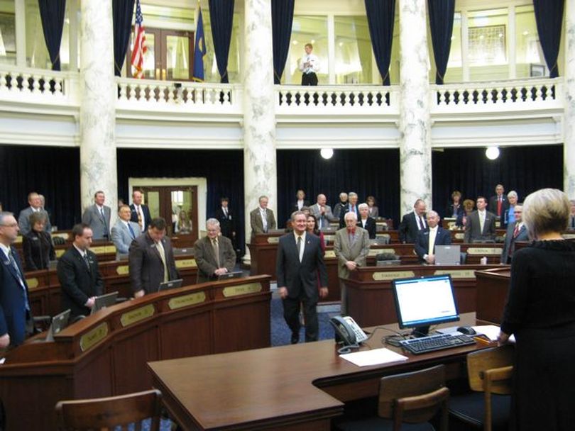 U.S. Sen. Mike Crapo enters the House chamber to speak to lawmakers on Wednesday; he also addressed the Senate. (Betsy Russell)