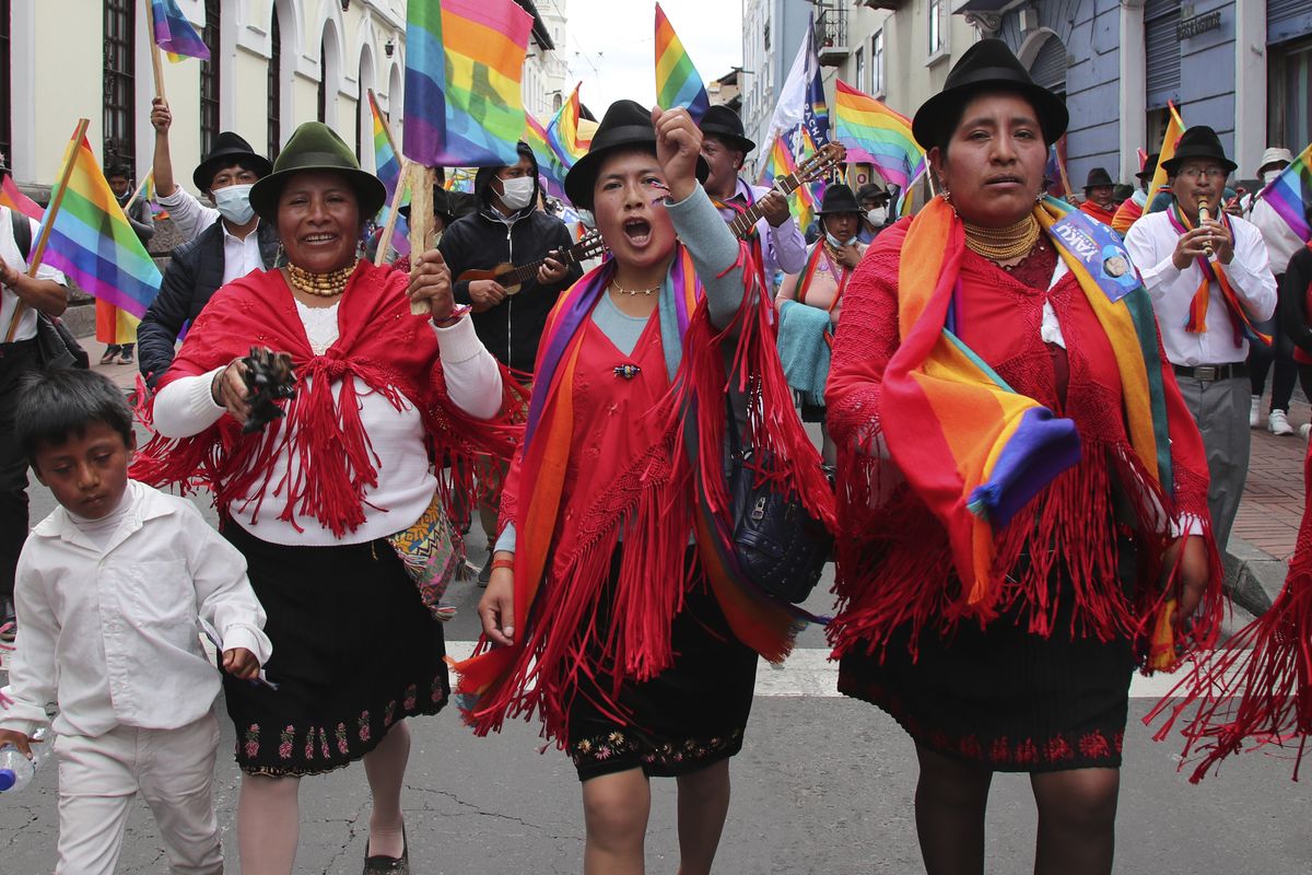 Supporters of presidential candidate Yaku Perez, representing the Indigenous party Pachakutik, take part in a campaign rally in Quito, Ecuador, Wednesday, Feb. 3, 2021. Voters in Ecuador are heading to the polls to pick a new president amid a deepening economic crisis exacerbated by the coronavirus pandemic. More than a dozen candidates have entered the race election scheduled for Sunday, Feb. 7. (Dolores Ochoa)