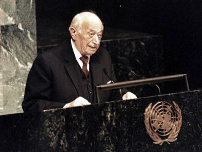 
In this photo provided by the Simon Wiesenthal Center, Wiesenthal speaks at the United Nations during its 50th anniversary in 1995.
 (Associated Press / The Spokesman-Review)