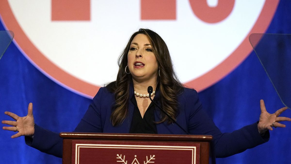 Ronna McDaniel, the GOP chairwoman, speaks during the Republican National Committee winter meeting Friday, Feb. 4, 2022, in Salt Lake City. Republican Party officials voted to punish GOP Reps. Liz Cheney and Adam Kinzinger for their roles on the House committee investigating the Jan. 6 insurrection and advanced a rule change that would prohibit candidates from participating in debates organized by the Commission on Presidential Debates.  (Rick Bowmer)