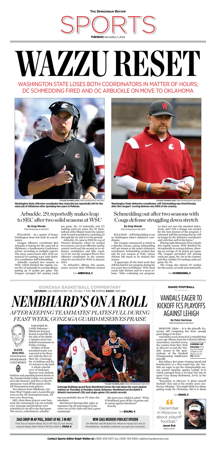 Sports Front Page for Dec. 3, 2024 The SpokesmanReview