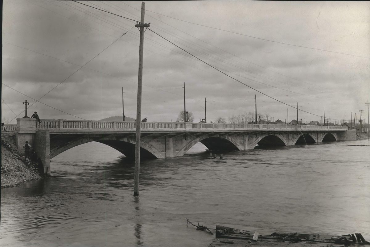 The Olive Avenue Bridge, later known as the East Trent Bridge, is seen in this historic photo from the Spokesman-Review archives. (Spokesman-Review archives)