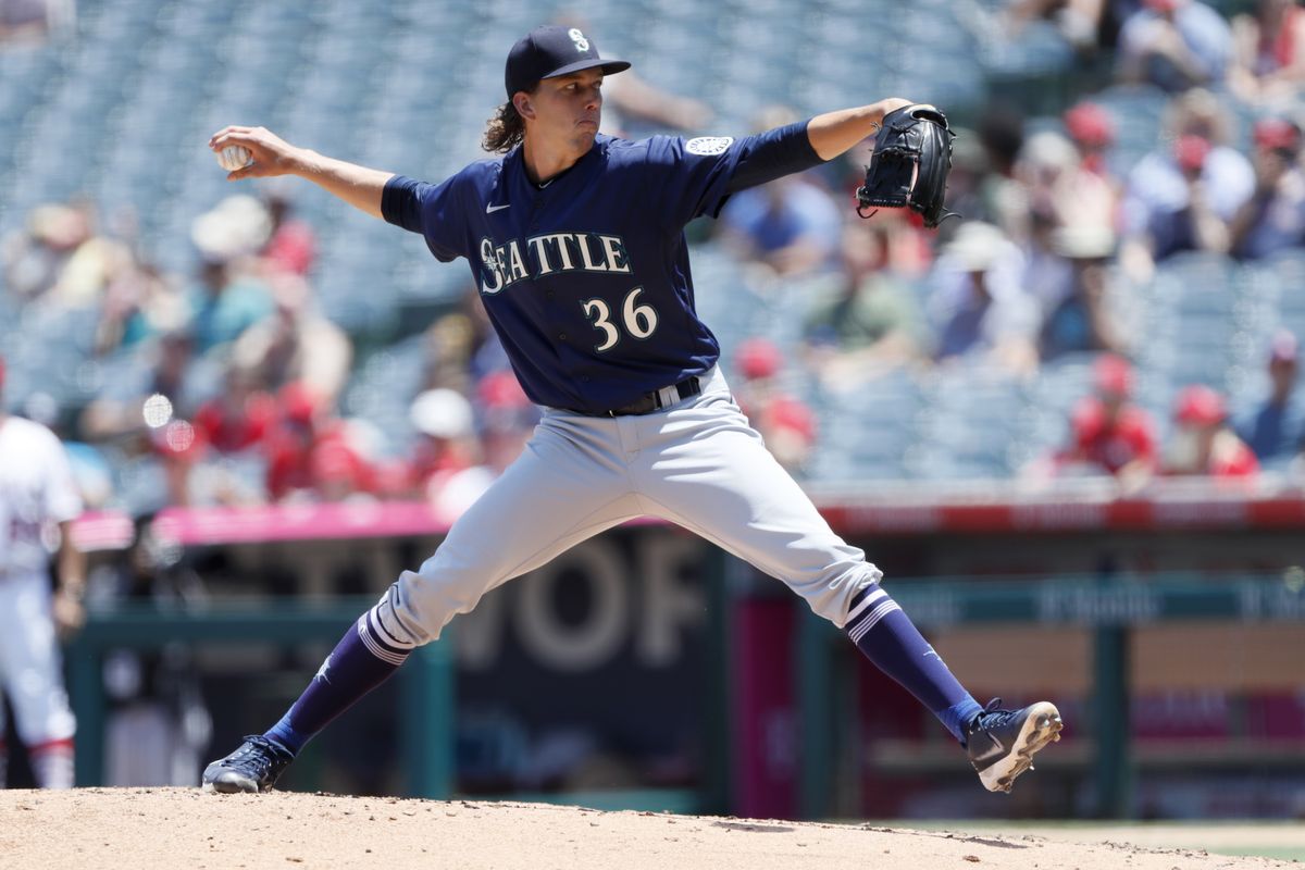 Seattle Mariners pitcher Logan Gilbert allowed two earned runs in five-plus innings against the Los Angeles Angels Sunday in Anaheim, Calif.  (Alex Gallardo)
