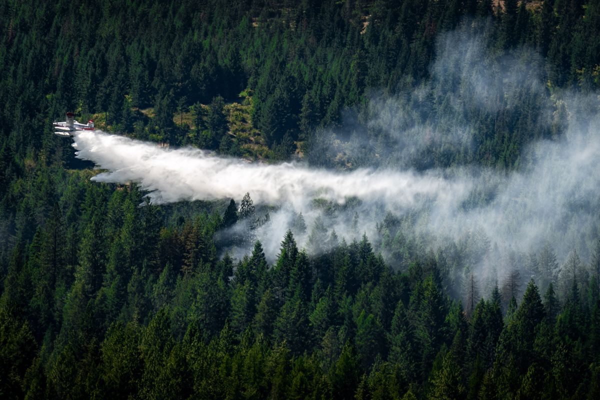 A fire fighting aircraft drops water on a timber and brush fire Wednesday 1 mile north Newman Lake. The fire’s forward progress has been stopped with about 3 acres burned.  (COLIN MULVANY/THE SPOKESMAN-REVIEW)