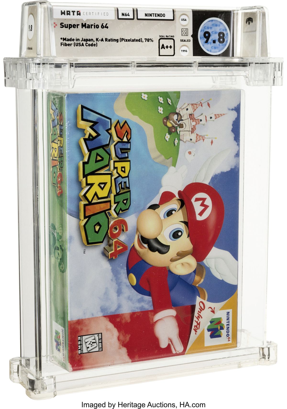 This photo provided by Heritage Auctions shows an unopened copy of Nintendo’s "Super Mario 64" that has sold at auction for $1.56 million. Heritage Auctions in Dallas said that the 1996 video game sold Sunday, July 11, 2021, breaking its previous record price for the sale of a single video game.  (Heritage Auctions)