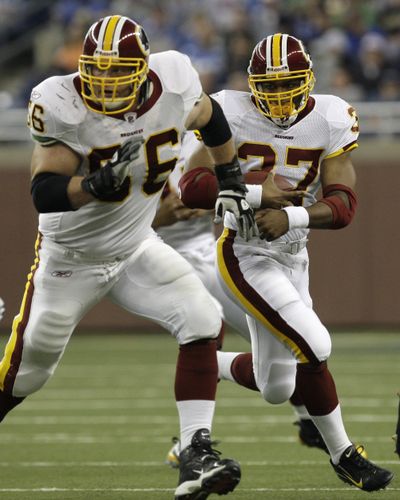 Sunday’s game between the Redskins and Seahawks is a homecoming for several who used to play in Seattle, including Shaun Alexander (37), Pete Kendall (66) and coach Jim Zorn. However, it remains to be seen whether Alexander will play.   (Associated Press / The Spokesman-Review)