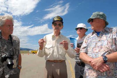 
World War II veteran Mike Bibin, second from left talks about experiences as a bombadier on a B-17 bomber.  Listening, from left, are Don Koch, Bob Schneider and Bob Seyle.
 (Jesse Tinsley / The Spokesman-Review)