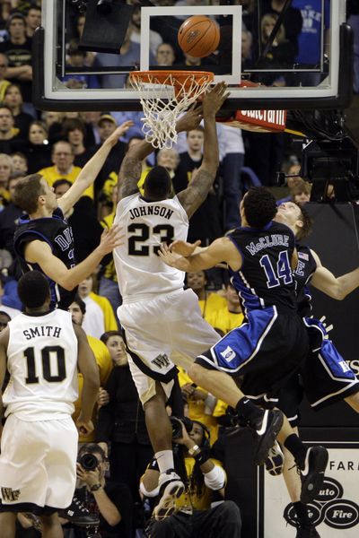 Wake’s James Johnson puts in winner off inbounds play against Duke.  (Associated Press / The Spokesman-Review)