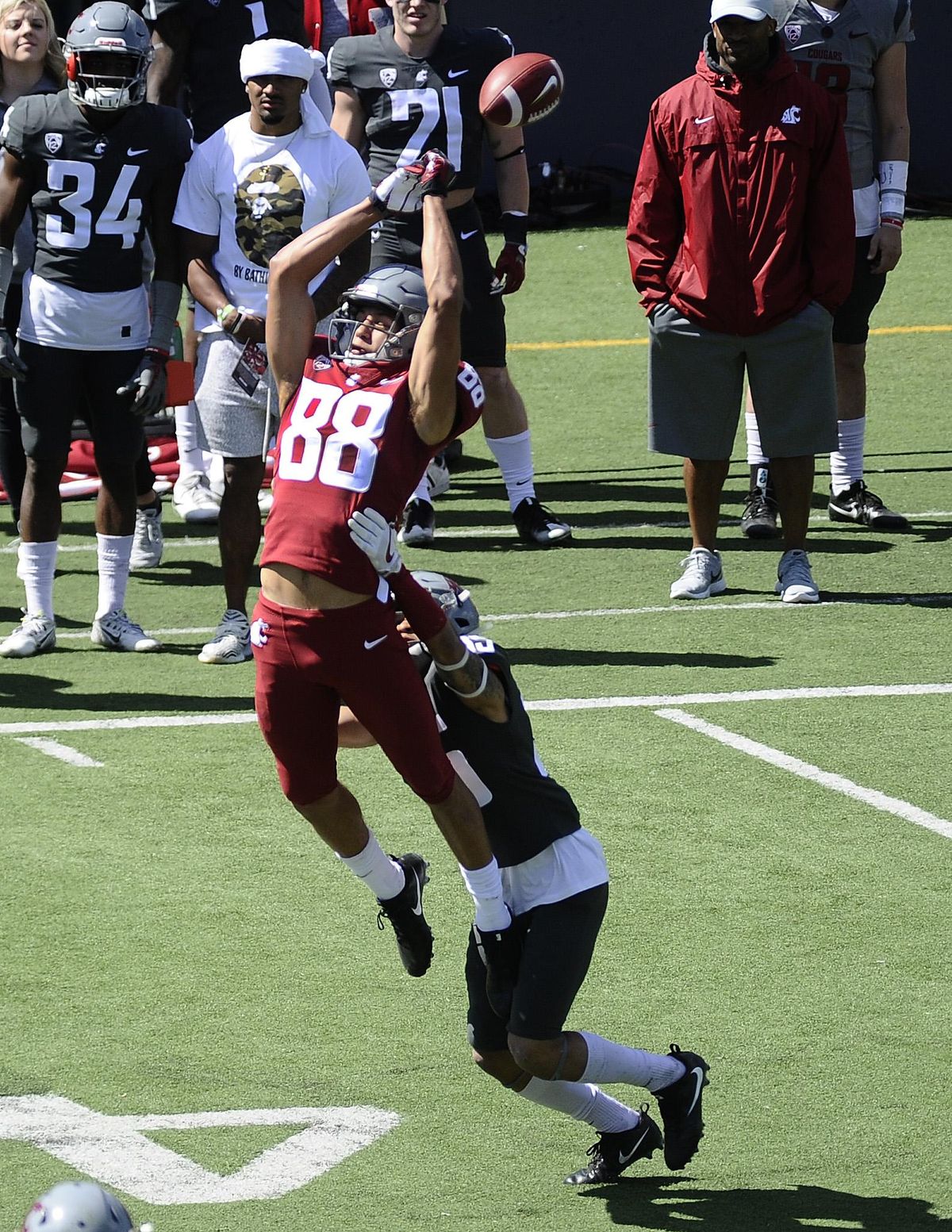 Washington State Cougars wide receiver Rodrick Fisher (88) is unable to hold onto the ball after being hit by defensive back Armani Marsh during the Crimson and Gray football game on Saturday, April 21, 2018 at Joe Albi Stadium. (James Snook / For The Spokesman-Review)