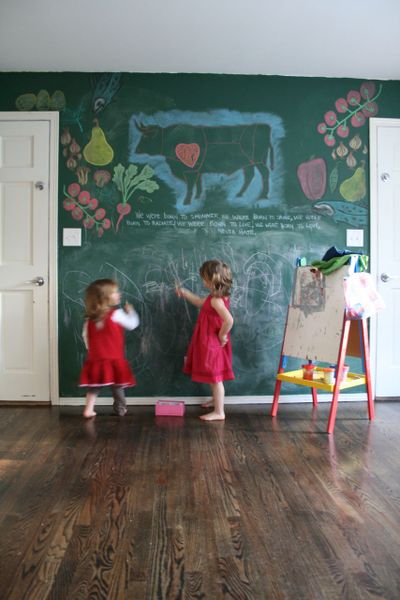 What can you do with a lowly coloring book? Project it onto a chalkboard wall, and then trace the pictures with chalk. (Megan Cooley)