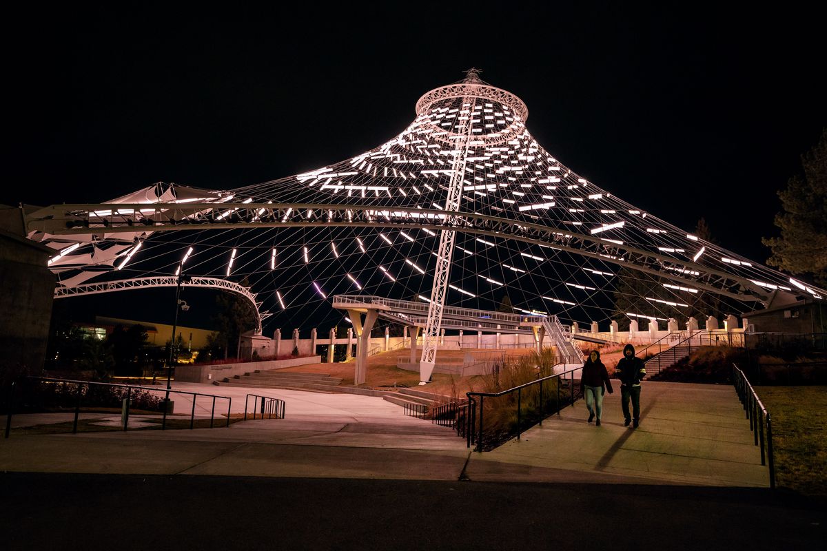 LED panel lights shine bright on the U.S. Pavilion in Riverfront Park, Tuesday, Jan. 20, 2021.  (COLIN MULVANY/THE SPOKESMAN-REVIEW)