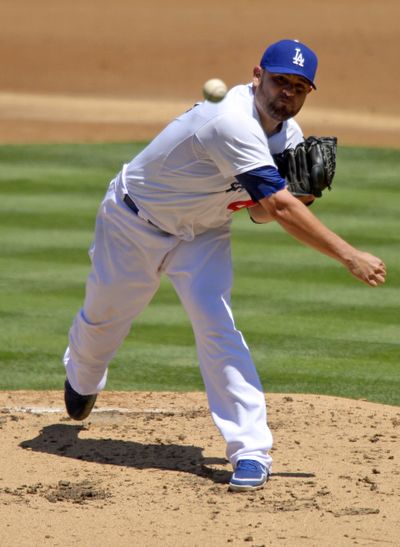 L.A. Dodgers pitcher Ricky Nolasco gave up no runs in eight innings on Wednesday. (Associated Press)