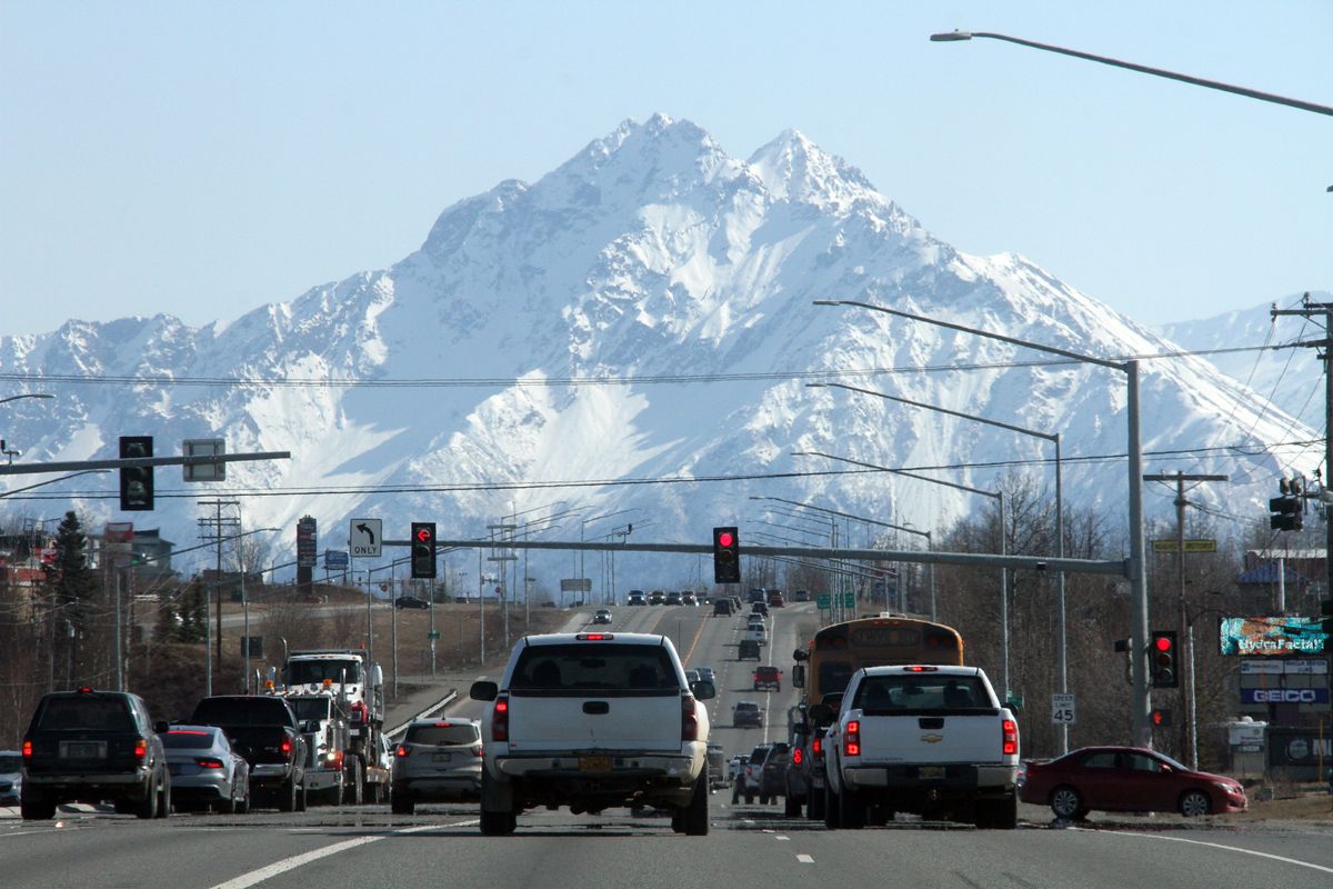 This April 14, 2022, photo shows traffic moving through Wasilla, Alaska, which is located about 45 miles north of Anchorage, a region that is a conservative hotbed in the state. The town