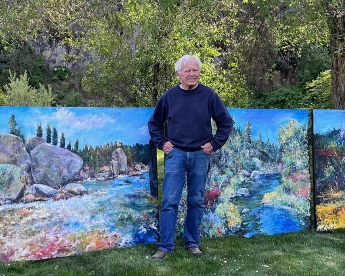 LR Montgomery stands in front of oil on canvas, “Bowl & Pitcher.” Montgomery’s show “Our Amazing NW Natural Areas” runs through July 29 at the Northwest Museum Arts and Culture. (Courtesy )