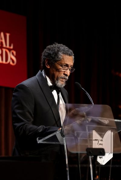 Percival Everett accepts the National Book Award for fiction for his book “James” on Nov. 20 in New York. (New York Times)