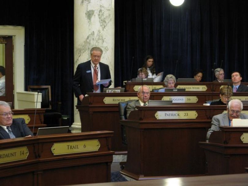 Rep. John Rusche, D-Lewiston, debates against HB 187, the 'narrow' amendment to Idaho's conscience law regarding living wills, on Monday; the bill passed on a 51-17 vote.  Rusche, a physician, said the amendment doesn't adequately protect patients' living wills from health care providers' conscience-based objections. (Betsy Russell)