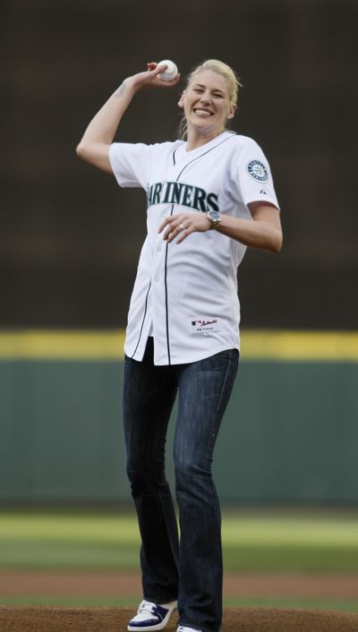 Lauren Jackson’s celebrity status was on display Monday when she threw out the first pitch at the Mariners’ game against Baltimore. (Associated Press / The Spokesman-Review)