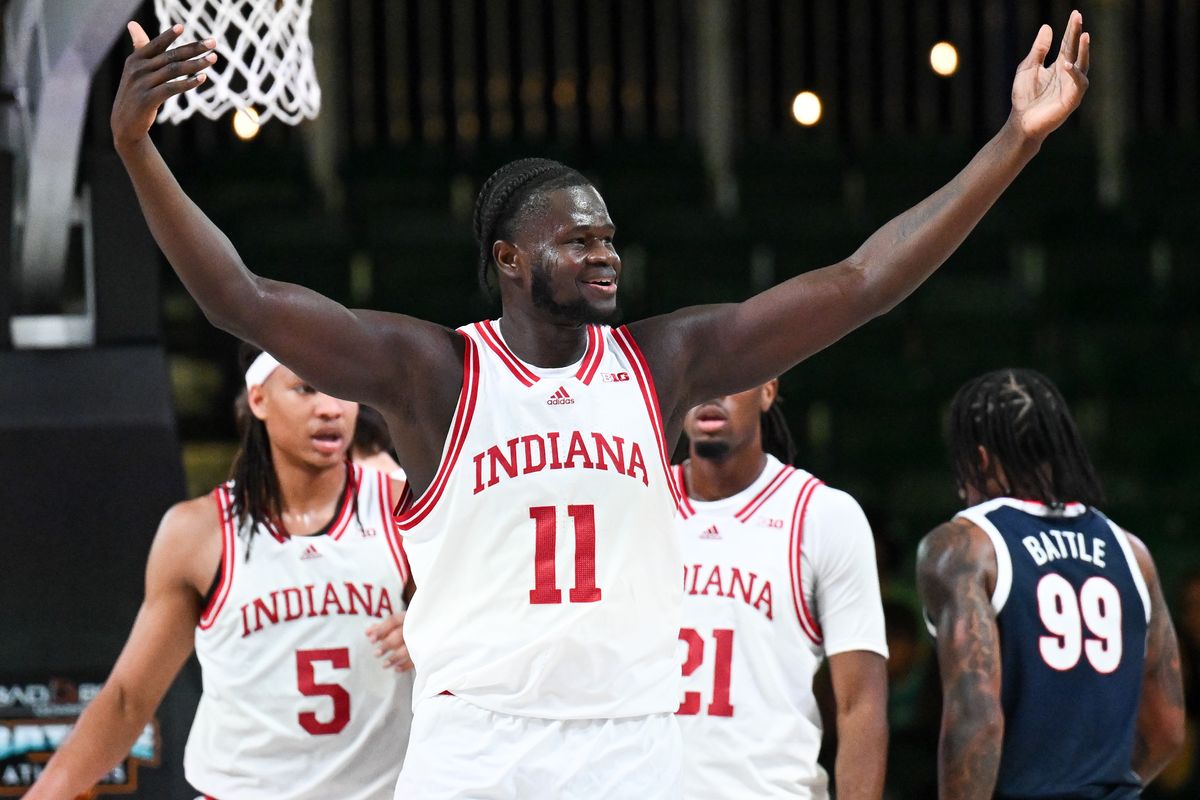 Indiana Hoosiers center Oumar Ballo (11) reacts after drawing a foul from his former team, Gonzaga, during the first half on at Paradise Island, Bahamas.  (Tyler Tjomsland/The Spokesman-Review)