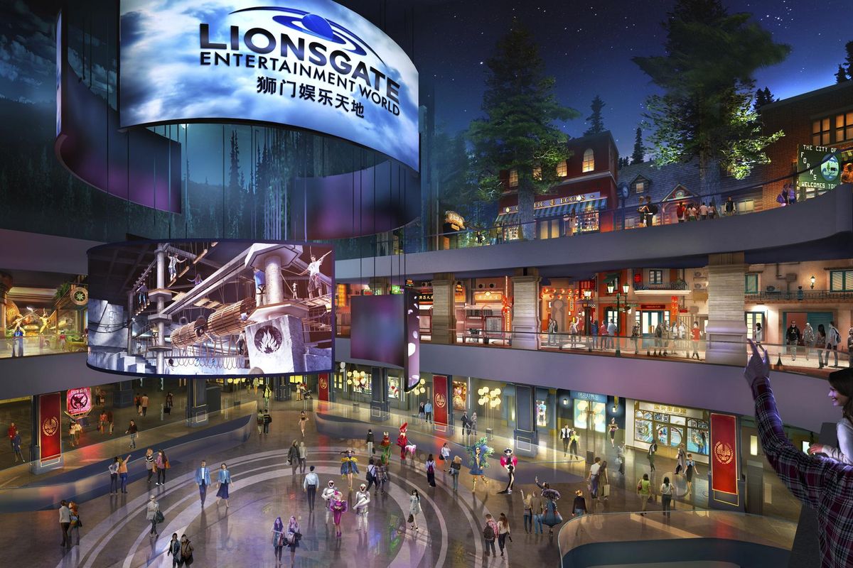 This rendering released by Lionsgate shows the atrium of Lionsgate Entertainment World, a virtual reality-heavy theme park set to open in July on Hengqin island in Zhuhai, China. (AP)