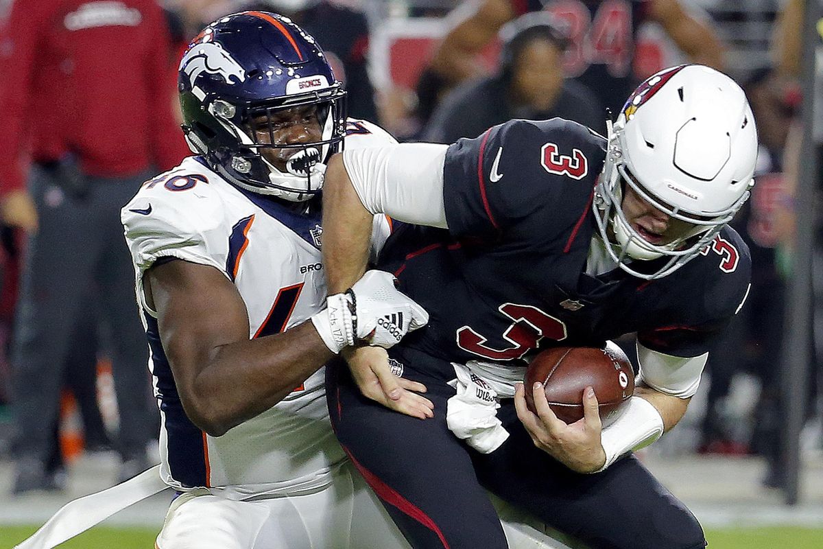 Arizona Cardinals quarterback Josh Rosen (3) his sacked by Denver Broncos linebacker Shaquil Barrett (48) during the first half of an NFL football game, Thursday, Oct. 18, 2018, in Glendale, Ariz. (Rick Scuteri / AP)