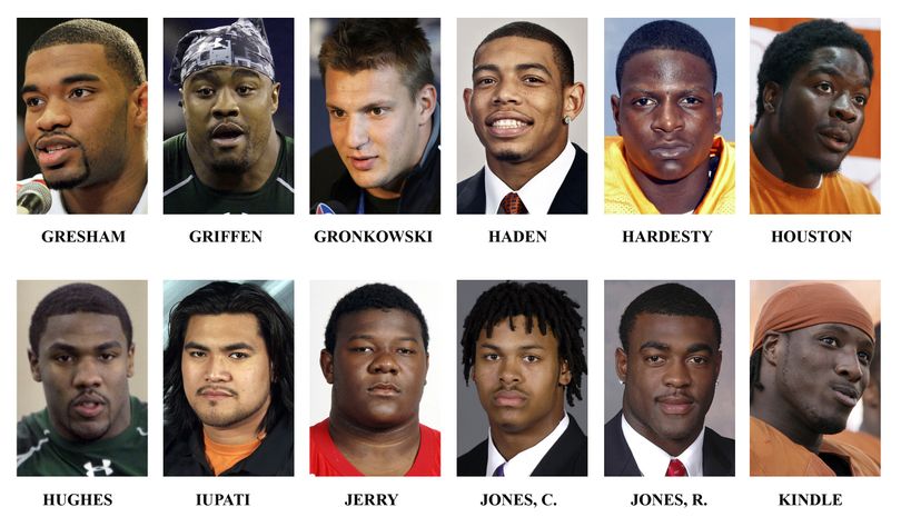 ** FILE ** In these recent handout and file photos, top college football prospects for the 2010 NFL Draft are shown. They are, top row from left, Jermaine Gresham, Everson Griffen, Rob Gronkowski, Joe Haden, Montario Hardesty and Lamarr Houston. Bottom row, from left, Jerry Hughes, Mike Iupati, John Jerry, Chad Jones, Reshad Jones and Sergio Kindle. (Ap And University Handouts)