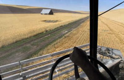 Eric Appel drives his combine in the fields harvesting wheat outside of Colfax, Wash. Read more about the Appel family on Page A1.
 (Brian Plonka / The Spokesman-Review)