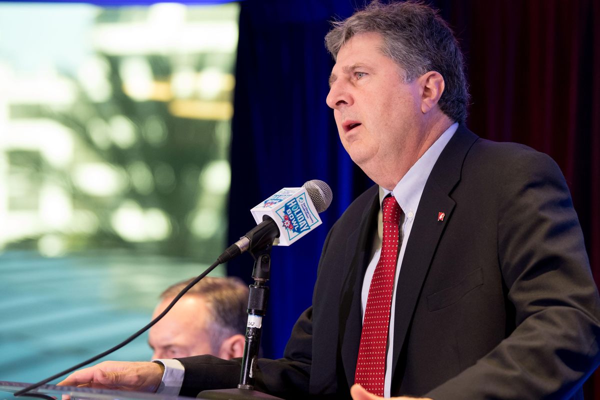 Washington State Cougars head coach Mike Leach speaks during a Holiday Bowl press conference on Wednesday, December 27, 2017, in San Diego, Calif. T (Tyler Tjomsland / The Spokesman-Review)