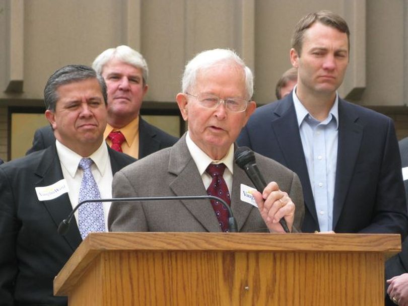 Former Idaho Gov. Phil Batt, center, endorses GOP congressional candidate Vaughn Ward, right, in Caldwell on Tuesday. At left is state Superintendent of Schools Tom Luna, who also endorsed Ward in his GOP primary race against state Rep. Raul Labrador, R-Eagle. (Betsy Russell)