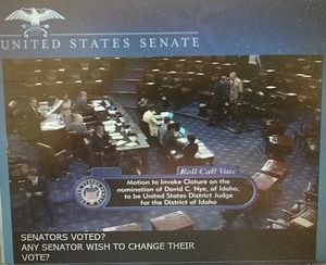 This screenshot from the U.S. Senate's floor session on Monday, July 10, 2017, shows the conclusion of the 97-0 vote to invoke cloture on the nomination of Judge David Nye as an Idaho federal district judge. (U.S. Senate)