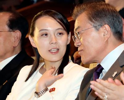 FILE – Kim Yo Jong, center, North Korean leader Kim Jong Un’s sister, talks with South Koran President Moon Jae-in, right, as they watch a performance of North Korea’s Samjiyon Orchestra at National Theater in Seoul, South Korea, on Feb. 11, 2018. For the second time in days, the powerful sister of North Korean leader Kim Jong Un berated South Korea for touting its supposed preemptive strike capabilities against the North, saying her country’s nuclear forces would annihilate the South’s conventional forces if provoked.  (Bae Jae-man)