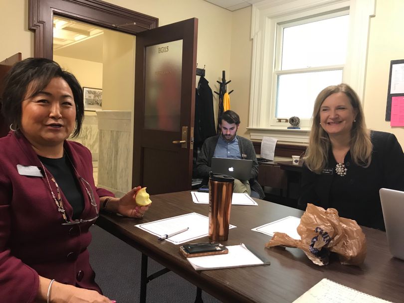 House Education Chair Julie VanOrden, R-Pingree, left, and Rep. Caroline Nilsson Troy, R-Genesee, right, talk with reporters in the Capitol press room on Wednesday, Feb. 21, 2018, about the upcoming debut of a remote testimony pilot project that will allow Idahoans to testify on legislative bills from six locations across the state. (Betsy Z. Russell)
