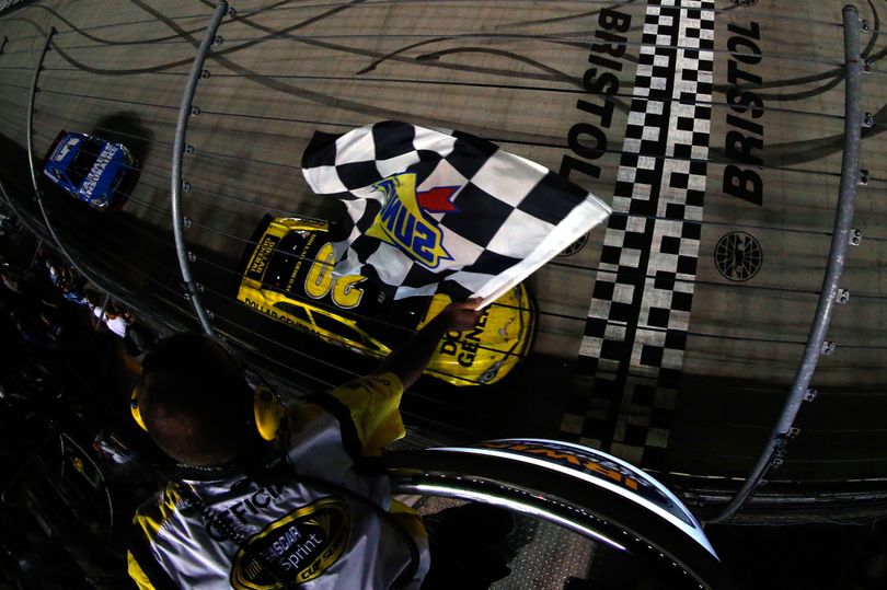 Matt Kenseth, driver of the #20 Dollar General Toyota, races to the checkered flag to win the NASCAR Sprint Cup Series 53rd Annual IRWIN Tools Night Race at Bristol Motor Speedway on August 24, 2013 in Bristol, Tennessee. (Photo by Jeff Zelevansky/NASCAR via Getty Images) (Jeff Zelevansky / Nascar)