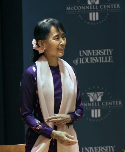 Nobel Peace Prize recipient Aung San Suu Kyi speaks at the University of Louisville School of Music's  Comstock Hall Monday Sept. 24, 2012 in Louisville, Ky. (Scott Utterback / Louisville)