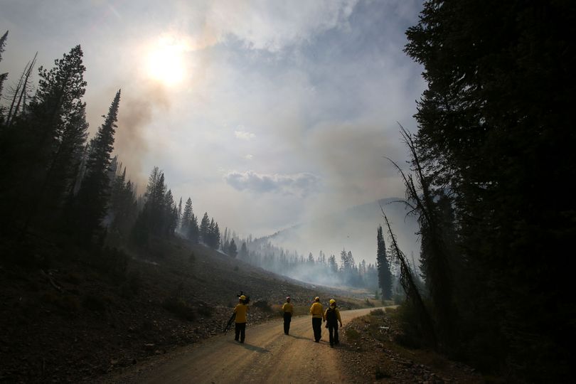 FILE - In this Aug. 19, 2013 file photo, members of the media wa;l through part of the 104,457 acres Beaver Creek Fire in the Baker Creek area north of Ketchum, Idaho. With its mountain backdrop, Sun Valley is normally a playground for the rich, the famous, for super-fit pursuers of outdoor sports or the Big Wood River�s feisty brook trout. To many, it�s heaven. But the fire known as �the Beast� has raised hell with the sun-basking, fun-loving lifestyle. (Ashley Smith / Times-news)