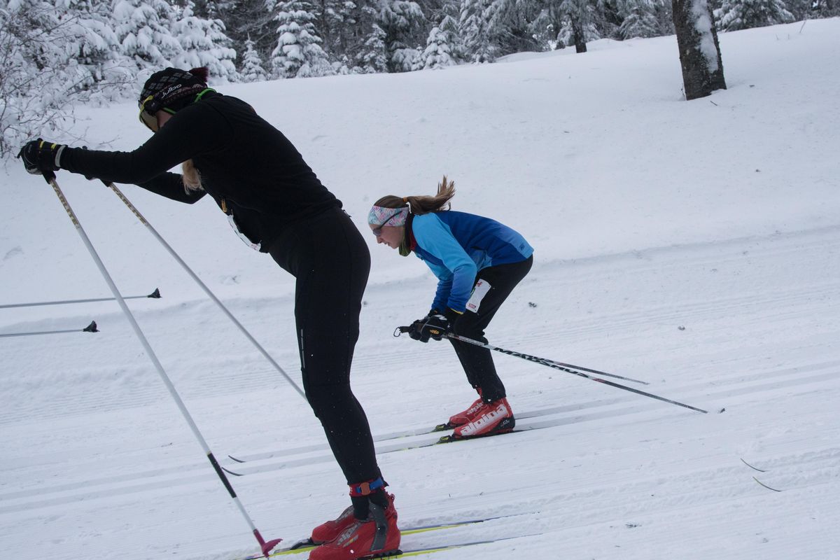 Bridget Burns, 14, flies by the competition at the start of 39th Spokane Langlauf cross-country ski race, Sunday Feb. 10, 2019. Burns was the first female to cross the finish line with a time of 37 minutes and 37 seconds. ELI FRANCOVICH/THE SPOKESMAN-REVIEW. (Eli Francovich / The Spokesman-Review)