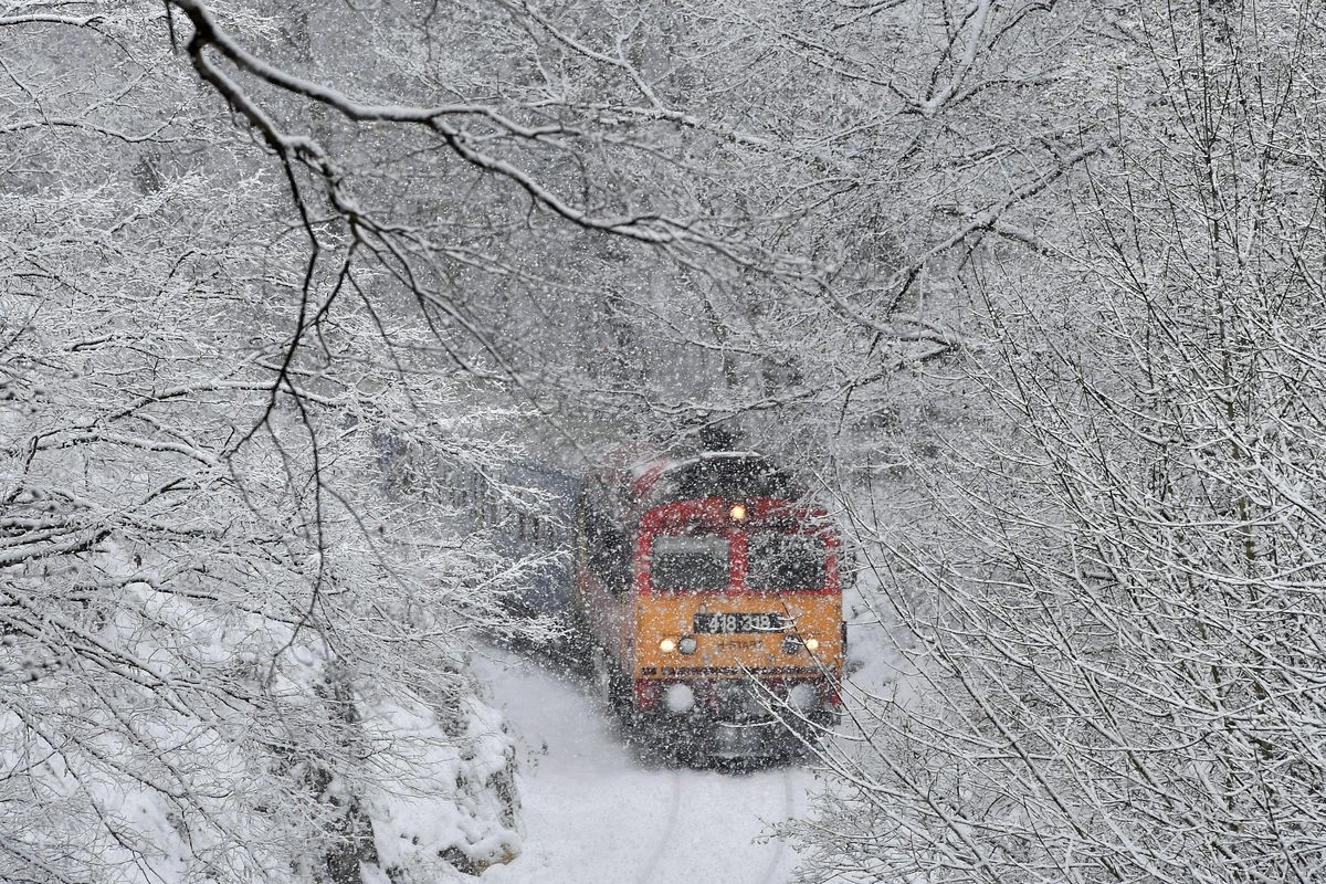 A passenger train crosses the Cuha Valley in the heavy snowfall near Vinye, some 140 km west of Budapest, Hungary, on Tuesday, Jan. 8, 2019. (Zoltan Mathe / AP)