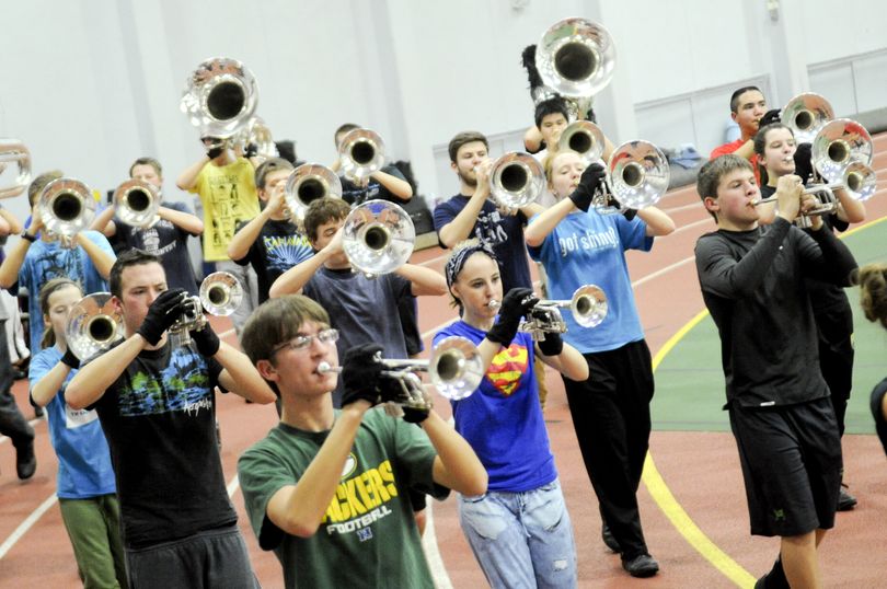 Central Valley High School’s marching band practices on Saturday at Eastern Washington University’s Jim Thorpe fieldhouse in Cheney, for a trip to Washington, D.C., to perform in the Presidential Inauguration Parade. (Tyler Tjomsland)