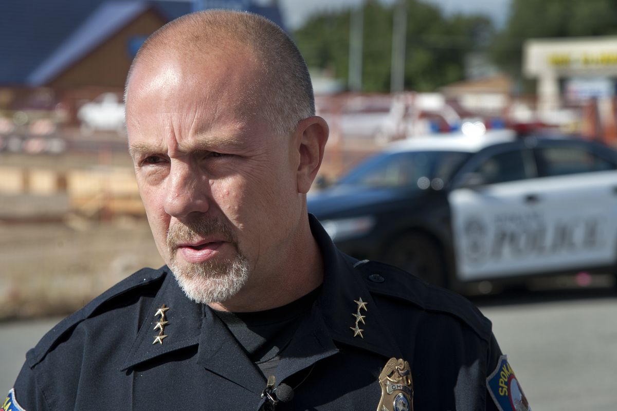 Spokane Police Chief Frank Straub briefs the media about the officer-involved shooting, July 27, 2015, near the Peking North Chinese restaurant. (Dan Pelle / The Spokesman-Review)