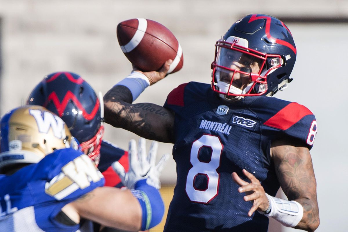 Montreal Alouettes quarterback Vernon Adams Jr. throws a pass during first-half CFL play against the Winnipeg Blue Bombers in Montreal on Saturday, Sept. 21, 2019. (Graham Hughes / AP)
