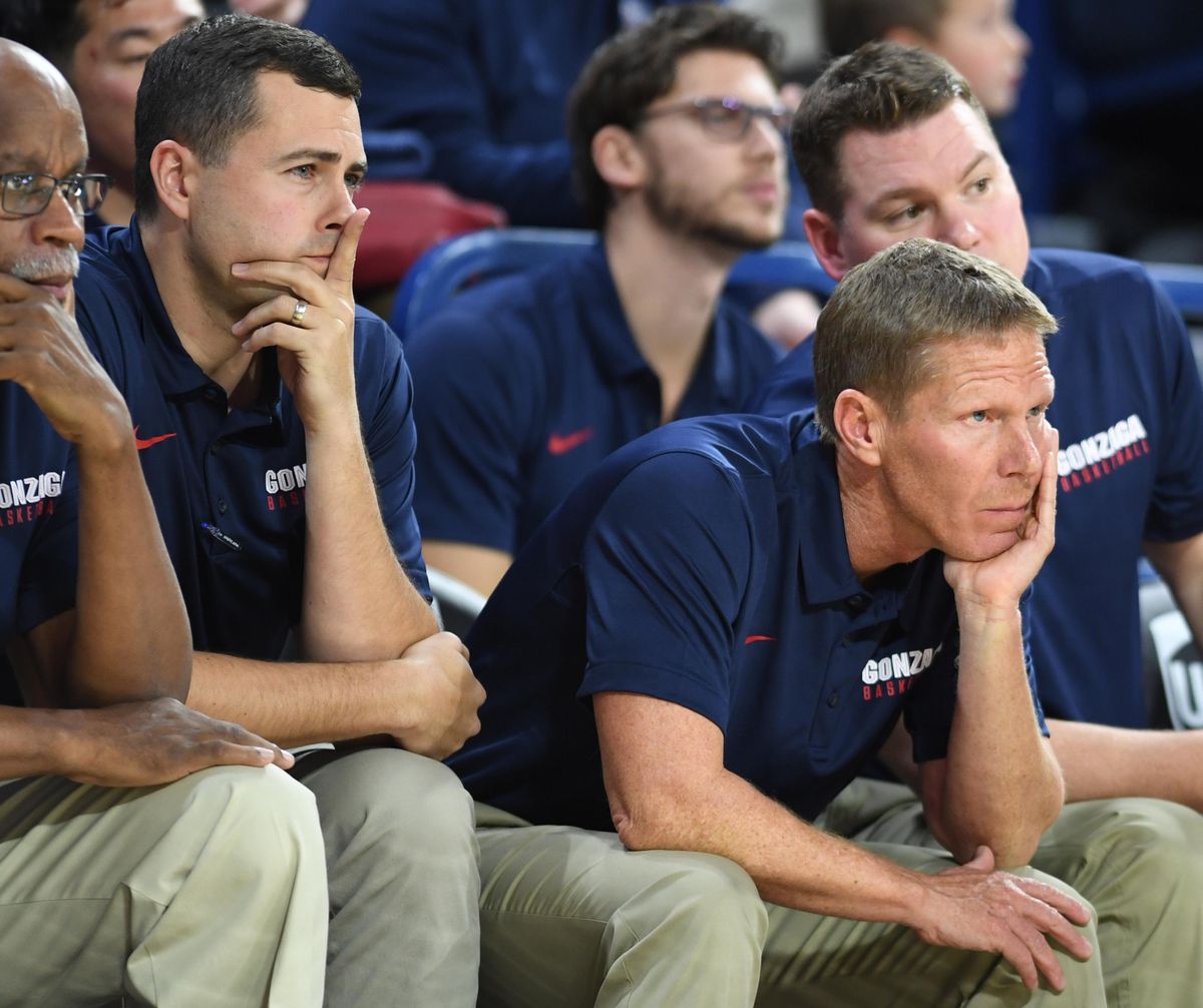 Gonzaga’s Mark Few and his coaching staff keep an eye on the court during Gonzaga’s exhibition win over College of Idaho. (Jesse Tinsley / The Spokesman-Review)