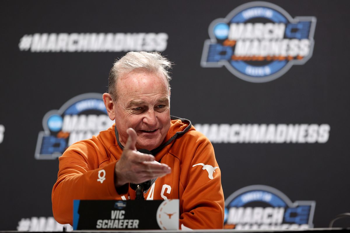 Texas Longhorns coach Vic Schaefer speaks to the media ahead of the Sweet 16 and Elite Eight rounds of the NCAA Tournament on Thursday at Moda Center in Portland.  (Getty Images)